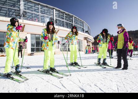 (170316) -- WUHAN, 16. März 2017 -- Foto vom 30. Dezember 2016 zeigt, dass mehrere Touristen im Skigebiet Shennongjia in Shennongjia, der zentralchinesischen Provinz Hubei, Skifahren lernen. Die chinesische Sportindustrie konnte 2016 mit einem soliden und stetigen Entwicklungstempo aufwarten. Das nationale Fitnessprogramm (2016-2020) und der 13. Fünfjahresplan für die Sportindustrie wurden beide 2016 herausgegeben, um eine klare Richtung für Chinas nationale Strategie zur Gewährleistung der öffentlichen Fitness und der Entwicklung der Sportindustrie zu geben. Die chinesische Allgemeine Sportverwaltung, zusammen mit vielen anderen nationalen Behörden Stockfoto