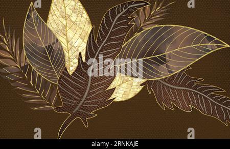 3D-Fototapete. goldene und braune Blätter und Feder auf hölzernen braunen Hintergrund Stockfoto
