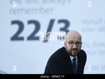 (170322) -- BRÜSSEL, 22. März 2017 -- der belgische Premierminister Charles Michel nimmt an einer Gedenkveranstaltung zum ersten Jahrestag der Terroranschläge auf den Brüsseler Flughafen in Brüssel, Belgien, am 22. März 2017 Teil. Am selben Tag im Jahr 2016 wurden bei Terroranschlägen auf den Flughafen Brüssel und die Metrostation Maalbeek, für die später der Islamische Staat (IS) die Verantwortung übernommen hatte, insgesamt 31 Menschen getötet und Hunderte von anderen verletzt. (gl) BELGIEN-BRÜSSEL-JAHRESTAG DER TERRORANSCHLÄGE YexPingfan PUBLICATIONxNOTxINxCHN Brüssel 22. März 2017 belgischer Premierminister Charles Stockfoto