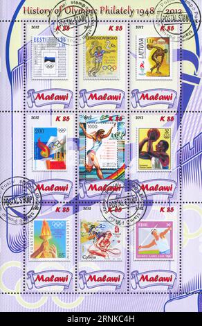 MALAWI - CA. 2012: Stempel gedruckt von Malawi, zeigt Athlet, ca. 2012 Stockfoto