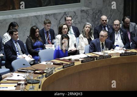 (170405) -- VEREINTEN NATIONEN, 5. April 2017 -- der US-Botschafter bei den Vereinten Nationen Nikki Haley (L, Front) spricht am 5. April 2017 im UN-Hauptquartier in New York an einer Dringlichkeitssitzung des UN-Sicherheitsrats über einen mutmaßlichen Chemiewaffenangriff in Syrien. ) UN-SICHERHEITSRAT-NOTFALLTAGUNG-SYRIEN-MUTMASSLICHER CHEMIEWAFFENANGRIFF LixMuzi PUBLICATIONxNOTxINxCHN 5. April 2017 US-Botschafter bei den Vereinten Nationen Nikki Haley l Front spricht AM 5. April 2017 IM UN-Hauptquartier in New York vor einer DRINGLICHKEITSSITZUNG des UN-Sicherheitsrats ZUM mutmaßlichen Chemiewaffenangriff in Syrien Secu Stockfoto