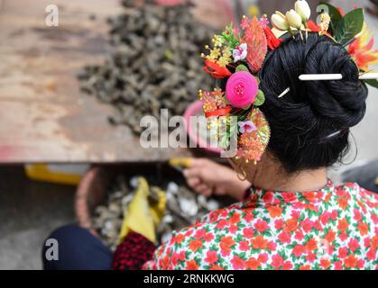 (170410) -- QUANZHOU, 10. April 2017 -- Eine Xunpu-Frau öffnet Austern im Dorf Xunpu der Stadt Quanzhou, Provinz Fujian im Südosten Chinas, 9. April 2017. Xunpu-Frauen, die mit blumigen Kopfbedeckungen, traditioneller chinesischer Kleidung und Holzsabots ausgestattet sind, sind Symbole für mühsame chinesische Frauen in Quanzhou, einer Hafenstadt, die als Ausgangspunkt der alten maritimen Seidenstraße bekannt ist. ) (lfj) CHINA-FUJIAN-QUANZHOU-XUNPU WOMEN (CN) ShenxHong PUBLICATIONxNOTxINxCHN Quanzhou 10. April 2017 eine Xunpu-Frau eröffnet Austern im Dorf Xunpu der Stadt Quanzhou im Südosten Chinas, Provinz Fujian, 9. April Stockfoto