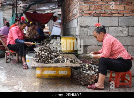 (170410) -- QUANZHOU, 10. April 2017 -- Xunpu-Frauen öffnen Austern im Dorf Xunpu der Stadt Quanzhou in der südöstlichen chinesischen Provinz Fujian, 9. April 2017. Xunpu-Frauen, die mit blumigen Kopfbedeckungen, traditioneller chinesischer Kleidung und Holzsabots ausgestattet sind, sind Symbole für mühsame chinesische Frauen in Quanzhou, einer Hafenstadt, die als Ausgangspunkt der alten maritimen Seidenstraße bekannt ist. ) (lfj) CHINA-FUJIAN-QUANZHOU-XUNPU WOMEN (CN) ShenxHong PUBLICATIONxNOTxINxCHN Quanzhou April 10 2017 Xunpu Women Open Oysters in Xunpu Village of Quanzhou City South East China S Fujian Province April 9 2017 X Stockfoto