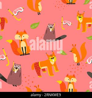 Lustige Tiere nahtloses Muster, Fuchs und Biber Stock Vektor