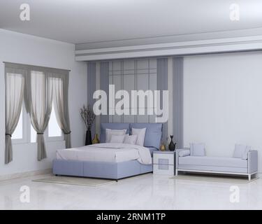 Schlafzimmer, Kleiderschrank, Marmorboden, Wand, Bordüre, Tagesbett, Sofa, weißes Design, Holzdesign, luxuriöses Schlafzimmer, Queensize-Bett, Wandpaneel, Tischlampe, Pil Stockfoto