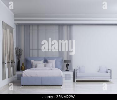 Schlafzimmer, Kleiderschrank, Marmorboden, Wand, Bordüre, Tagesbett, Sofa, weißes Design, Holzdesign, luxuriöses Schlafzimmer, Queensize-Bett, Wandpaneel, Tischlampe, Pil Stockfoto