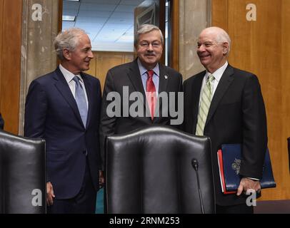 (170502) -- WASHINGTON, 2. Mai 2017 -- der Gouverneur von Iowa, Terry Branstad (C), bereitet sich darauf vor, vor dem US-Senatsausschuss für Außenbeziehungen zu einer Anhörung auszusagen, in der er als US-Botschafter in China auf dem Capitol Hill in Washington D.C., den Vereinigten Staaten, am 2. Mai 2017 in Erwägung gezogen wird. US-Präsident Donald Trumps Wahl für Botschafter in China, Terry Branstad, sagte am Dienstag, dass er, wenn er bestätigt wird, daran arbeiten würde, die Beziehungen zwischen den USA und China positiv zu beeinflussen. ) US-WASHINGTON D.C.-KANDIDAT FÜR DIE ANHÖRUNG DES US-BOTSCHAFTERS IN CHINA BaoxDandan PUBLICATIONxNOTxINxCHN Washington 2. Mai 2017 Iowa Gouverneur Terry br Stockfoto