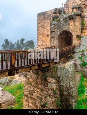 Das äußere Tor der Burg Ajloun in Jordanien. Holzbrücke über den Graben. Stockfoto