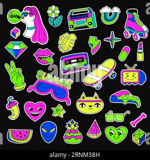 90s Aufkleber und Schilder, Retro-Packung mit Emoticons Stock Vektor