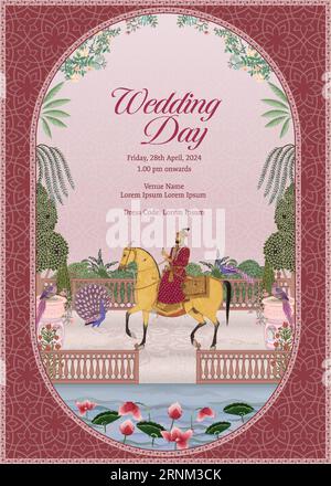 Traditionelles Indisches Mogul-Hochzeitskartendesign. Einladungskarte für Hochzeitsvektor-Illustration. Stock Vektor