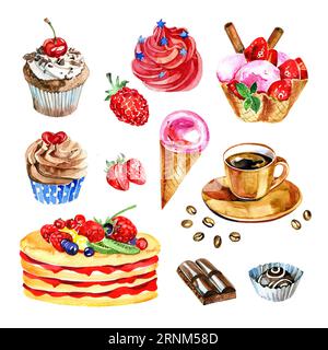 Set mit Aquarelldesserts, Schokolade, Kaffee, Cupcake-Illustration Stockfoto