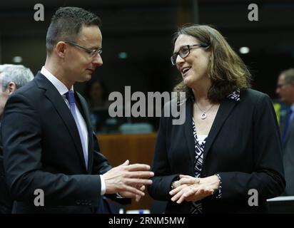 (170511) -- BRÜSSEL, 11. Mai 2017 -- der ungarische Außenminister Peter Szijjarto (L) spricht mit der EU-Handelskommissarin Cecilia Malmstrom im Vorfeld eines Treffens der EU-Handelsminister am EU-Hauptsitz in Brüssel, Belgien, am 11. Mai 2017. )(dtf) BELGIEN-BRÜSSEL-EU-HANDELSMINISTERTREFFEN YexPingfan PUBLICATIONxNOTxINxCHN 170511 Brüssel 11. Mai 2017 die ungarischen Außen- und Handelsminister Peter Szijjarto l Gespräche mit der EU-Handelskommissarin Cecilia Malmstrom vor dem Treffen der EU-Handelsministerin AM EU-Hauptsitz in Brüssel, Belgien, 11. Mai Stockfoto