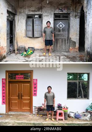 (170519) -- WUZHISHAN, 19. Mai 2017 -- Kombo-Foto vom 16. Mai 2017 zeigt Liu Xinhong, 58, vor seinem alten Haus (oben) und seinem neuen Haus (unten) im Dorf Fanyang der Stadt Wuzhishan, Provinz Hainan in Südchina. Lius dreiköpfige Familie, die auf der Dorfliste der verarmten Familien stand, erhielt staatliche Zuschüsse von über 41.000 Yuan (etwa 5.946 US-Dollar), um ihr neues Haus zu bauen. Sie zogen Anfang dieses Jahres aus ihrem alten 30 Quadratmeter großen Haus in ein neues mit 60 Quadratmetern. Die Verbesserung der Wohnbedingungen der von Armut betroffenen Dorfbewohner hat in den lokalen Behörden Priorität Stockfoto