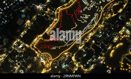 Luftaufnahme der Miniatur Indonesiens Karte, Taman Mini Indonesia Indah, Asien. Jakarta, Indonesien, 2. September 2023 Stockfoto