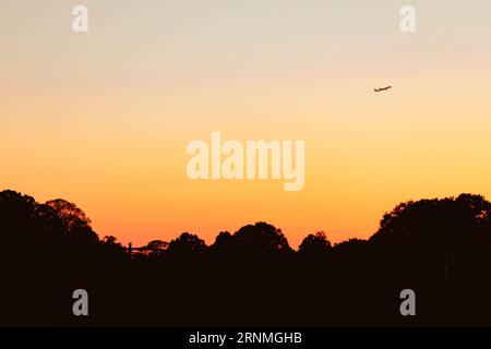 Silhouette eines Flugzeugs, das über das Stadtgebiet mit Bäumen fliegt, mit orangefarbenem Sonnenuntergang in der goldenen Stunde Stockfoto