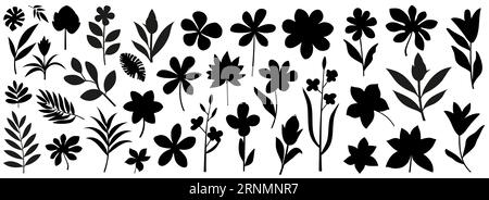 Set aus tropischen Blättern und floraler Silhouette. Dschungelpflanze, exotische Blumen. Abstraktes Set mit tropischen Elementen isoliert auf weißem Hintergrund. Vektor i Stock Vektor