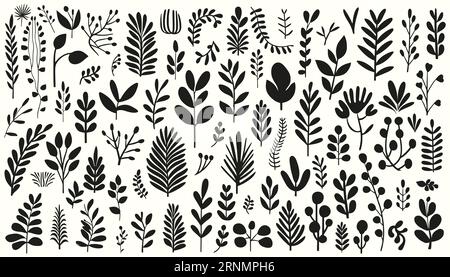 Foliage Silhouette Kollektion. Satz botanischer schwarzer Elemente in flacher Ausführung, isoliert auf weißem Hintergrund. Vektorillustration Stock Vektor