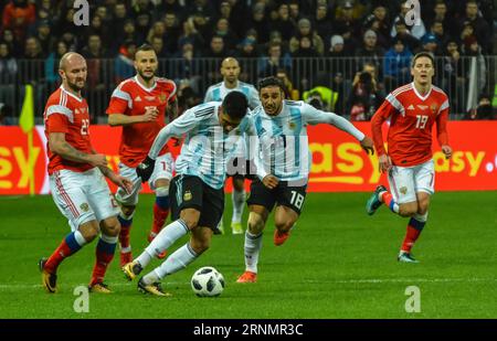 Moskau, Russland – 11. November 2017. Die argentinischen Nationalspieler Enzo Perez und Eduardo Salvio während des internationalen Freundschaftsspiels Russland gegen Arg Stockfoto