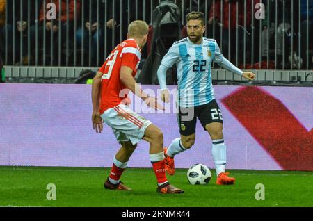 Moskau, Russland – 11. November 2017. Der argentinische Fußballnationalspieler Papu Gomez in Aktion während des internationalen Freundschaftsspiels Russland gegen Argentinien (0- Stockfoto
