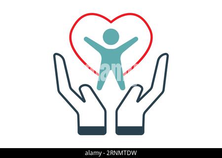 Symbol für Selbstpflege. Hand, Herz und Mensch. Symbol für gesundes Leben, Yoga, Meditation, Entspannung. Design im Duo-Tone-Stil. Einfache Vektorkonstruktion Stockfoto