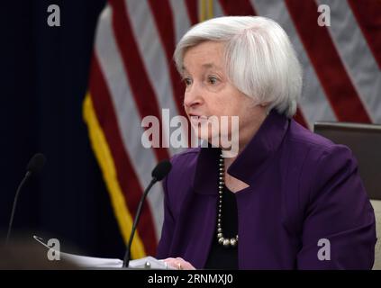 (170614) -- WASHINGTON, 14. Juni 2017 -- die Vorsitzende der US-Notenbank Janet Yellen spricht während einer Pressekonferenz in Washington D.C., der Hauptstadt der Vereinigten Staaten, am 14. Juni 2017. Die US-Notenbank Federal Reserve hat am Mittwoch die Referenzzinssätze zum vierten Mal seit Dezember 2015 angehoben und Pläne zur Abschwächung ihrer Bilanz vorgestellt. ) US-WASHINGTON D.C.-FEDERAL RESERVE-ZINSANHEBUNG YinxBogu PUBLICATIONxNOTxINxCHN 170614 Washington 14. Juni 2017 die Vorsitzende der US-Notenbank Janet Yellen spricht auf einer Pressekonferenz in Washington D C, der Hauptstadt der Vereinigten Staaten, AM Juni Stockfoto