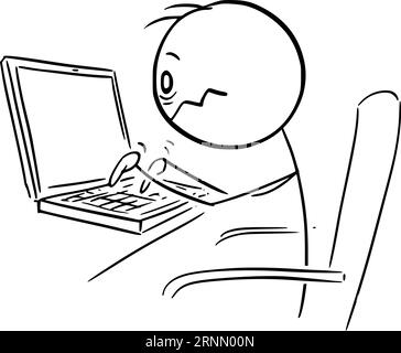 Müde oder gestresste Person, die am Computer arbeitet, Vektor-Zeichentrickfigur oder Figur-Illustration. Stock Vektor