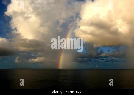 (170619) -- AN BORD VON XIANGYANGHONG 09, 19. Juni 2017 -- Foto aufgenommen am 18. Juni 2017 zeigt einen Regenbogen über dem Westpazifik, der von Xiangyanghong 09, dem Mutterschiff des bemannten chinesischen U-Bootes Jiaolong, aus gesehen wird. )(wyo) PAZIFIK-CHINA-XIANGYANGHONG 09-SONNENUNTERGANG LANDSCHAFT LiuxShiping PUBLICATIONxNOTxINxCHN an Bord Xiangyanghong 09 Juni 19 2017 Foto aufgenommen AM 18. Juni 2017 zeigt einen Regenbogen über den WEST Pacific Lakes von Xiangyanghong 09 Mutterschiff von China S bemanntes Tauchboot Jiaolong Sunang PICNICXUXICXNICNNNNNNNICXCHN Pazifik Landschaft China Stockfoto