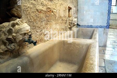 In Steinlöwenköpfen gehauene Wasserhähne in der Küche des Klosters Alcobaca, Alcobaca, Portugal Stockfoto