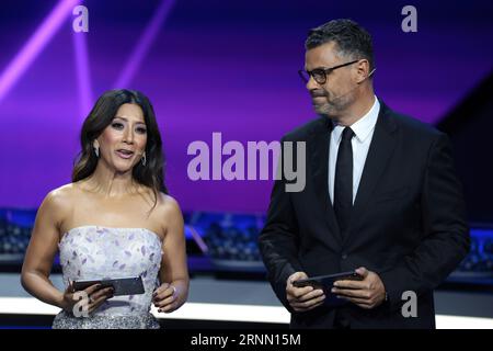 Monte Carlo, Monaco. August 2023 31. Reshmin Chowdhury und Pedro Pinto präsentieren den Auftakt der UEFA European Club Football-Saison - Monaco. Bilddatum: 31. August 2023. Auf dem Bild sollte stehen: Jonathan Moscrop/Sportimage Credit: Sportimage Ltd/Alamy Live News Stockfoto