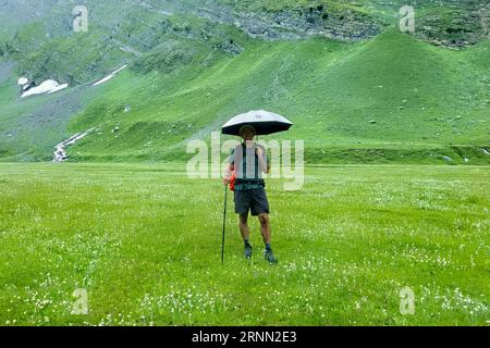 Wandern im Regen im Warwan Valley, PIR Panjal Range, Kaschmir, Indien Stockfoto