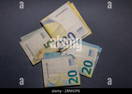 Euro-Banknoten, 200 Euro, 20 Euro, 5 Euro Stockfoto