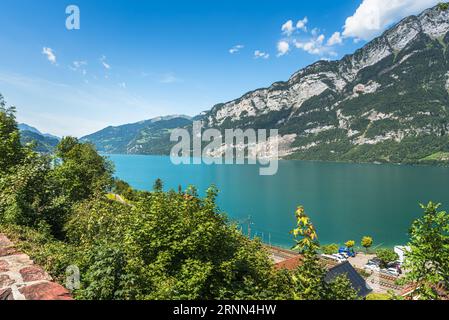 Panoramablick auf den Walensee (Walensee), Quarten, Kanton St. Gallen, Schweiz Stockfoto