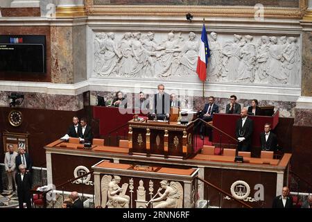 (170628) -- PARIS, 28. Juni 2017 -- neu gewählter Sprecher der französischen Nationalversammlung Francois de Rugy (C) der politischen Partei La Republique en Marche (Republik in Bewegung oder LREM) hält eine Rede während der Eröffnungssitzung der Nationalversammlung in Paris, Frankreich, 27. Juni 2017. ) (zw) FRANKREICH-PARIS-NATIONALER VERSAMMLUNGSSPRECHER JackxChan PUBLICATIONxNOTxINxCHN Paris Juni 28 2017 neu gewählter Sprecher der französischen Nationalversammlung Francois de Rugy C von La Republique en Marche Republic ON Move oder politische Partei hält während der Eröffnungssitzung IN der Nationalversammlung i eine Rede Stockfoto