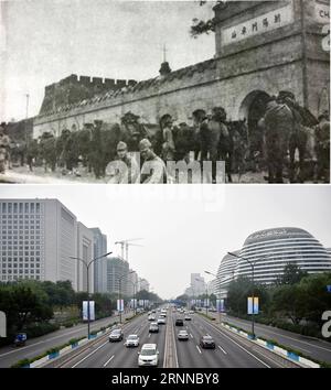 (170706) -- PEKING, 6. Juli 2017 -- der obere Teil des kombinierten Fotos zeigt die japanische Kavallerie, die sich am 8. August 1937 auf der Chaoyangmen-Station in Peking versammelt hat (Datei). Der untere Teil von zeigt Fahrzeuge, die am 3. Juli 2017 auf der Straße in Chaoyangmen fahren. China war die erste Nation, die gegen faschistische Kräfte kämpfte. Der Kampf begann am 18. September 1931, als japanische Truppen ihre Invasion in Nordostchina begannen. Sie wurde verstärkt, als Japans Invasion begann, nachdem ein wichtiger Zugangspunkt nach Peking, die Lugou-Brücke, auch bekannt als Marco-Polo-Brücke, von der japanischen tr angegriffen wurde Stockfoto