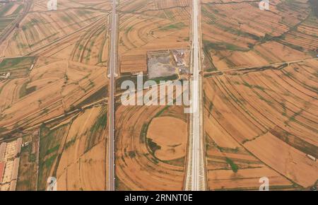 (170727) -- SHENYANG, 27. Juli 2017 -- Foto vom 11. Juli 2017 zeigt die Baustelle des Fuxin-Abschnitts der Schnellfahrstrecke Peking-Shenyang in der nordöstlichen Provinz Liaoning. Die Hochgeschwindigkeitsbahn Peking-Shenyang verbindet Chinas Hauptstadt Peking mit der Provinzhauptstadt Shenyang Liaoning und ist etwa 700 km lang und mit einer Geschwindigkeit von 350 km/h ausgelegt. Die Arbeiten am Eisenbahnprojekt Peking-Shenyang begannen 2014. Und es wird erwartet, dass es bis Ende 2018 abgeschlossen sein wird. Yang Qing (wsw) CHINA-LIAONING-BEIJING-SHENYANG HOCHGESCHWINDIGKEITS-EISENBAHNBAU (CN) Yangqing PUBLIC Stockfoto