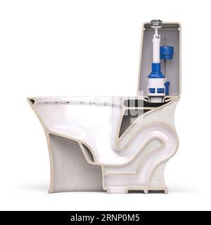 Querschnitt der Toilettenschüssel. Aufbau von Schüssel und Toilettenbehälter. 3D-Abbildung Stockfoto