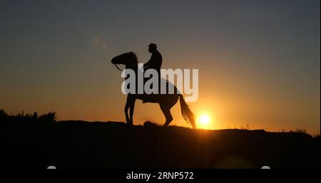 Mann auf seinem Camargue Horse, das Gallops bei Sunrise, Manadier in Saintes Marie de la Mer in Camargue, in Südfrankreich, Kuhjunge Stockfoto