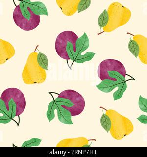 Aquarellfarbenes Fruchtmuster mit Birne und Passionsfrucht. Stock Vektor