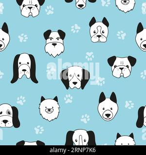 Nahtloses, süßes Hundemuster. Vektor-blauer Hintergrund mit Hundeköpfen. Stock Vektor