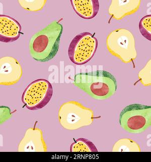 Aquarell-Fruchtmuster mit Birne, Avocado und Passionsfrucht. Stock Vektor