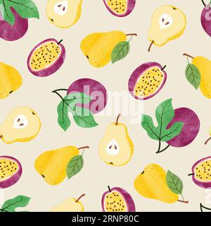Aquarell-Fruchtmuster mit Birne und Passionsfrucht. Stock Vektor