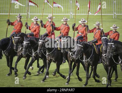 (170819) -- VANCOUVER, 19. August 2017 -- Rider and Horses treten beim RCMP Musical Ride Event im Burnaby's Central Park in Vancouver, Kanada, am 18. August 2017 auf. Die Royal Canadian Mounted Police (RCMP) Musical Ride ist eine einzigartige kanadische Performance mit einer Truppe von 32 Pferden und Reitern, die choreografierte Kavallerie-Übungen zu Musik durchführen. )(yk) CANADA-VANCOUVER-RCMP-MUSICAL RIDE Liangxsen PUBLICATIONxNOTxINxCHN Vancouver 19. August 2017 Rider and Horses treten BEIM RCMP Musical Ride Event IM Burnaby S Central Park in Vancouver Kanada auf 18. August 2017 The Royal Canadian Mounted Police RCMP Music Stockfoto