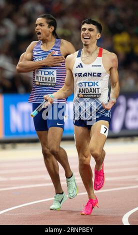 Téo Andant aus Frankreich nimmt am 9. Tag der Leichtathletik-Weltmeisterschaft Budapest am 27. August 2023 am 4x400-m-Staffelfinale der Männer Teil. Foto b Stockfoto