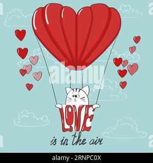 Liebe liegt in der Luft. Die süße Karikaturkatze und der Luftballon. Hintergrund lieben. Valentinstag-Design Stock Vektor