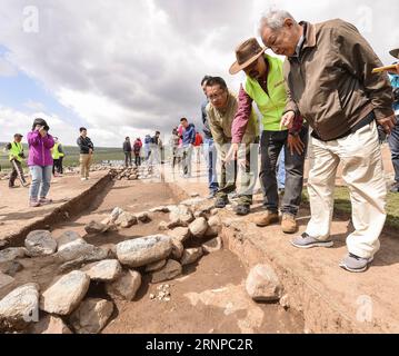 (170821) -- WENQUAN, 21. August 2017 -- Professor Li Boqian (1. R) von der Peking-Universität untersucht eine Siedlung im Wenquan County, Nordwestchinas Autonome Region Xinjiang Uygur, 20. August 2017. Mehr als 50 Experten der Staatlichen Verwaltung des Kulturerbes, des Instituts für Archäologie der Chinesischen Akademie der Sozialwissenschaften und der Peking-Universität nahmen an einem Symposium im Kreis Wenquan Teil, in dem sie erkannten, dass die Siedlung, die aus Gräbern und Ruinen von Wohngebäuden bestand, bis vor 3600 Jahren zurückreicht. Die seit 2016 in der Siedlung gefundenen Gegenstände und Ruinen boten wichtige va Stockfoto