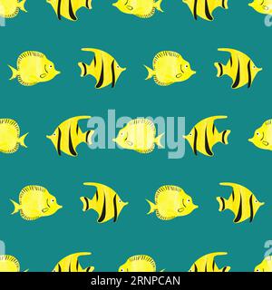 Nahtloses Fischmuster in Wasserfarben. Vektorhintergrund mit niedlichem gelbem Meeresfisch Stock Vektor