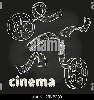 Kino-Set. Folienrolle und -Streifen kritzeln. Illustration des Skizzenvektors Stock Vektor