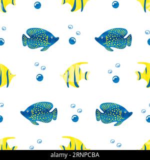 Fischhintergrund mit Wasserfarben. Blaue und gelbe Aquarellfische isoliert auf weiß. Nahtloses Marine-Muster. Unterwasserleben, Korallenriff Stock Vektor