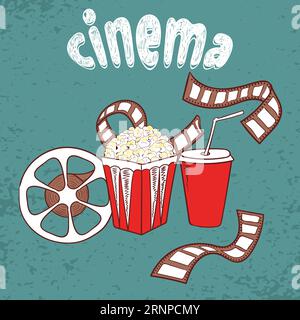 Kino-Vektor-Hintergrund. Set von Kinosymbolen – Popcorn, Filmrolle und Streifen. Illustration mit Kritzeleien Stock Vektor