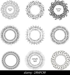 Satz handgezeichneter Rundrahmen. Sammlung schwarzer runder dekorativer Elemente isoliert auf weißem Hintergrund Stock Vektor